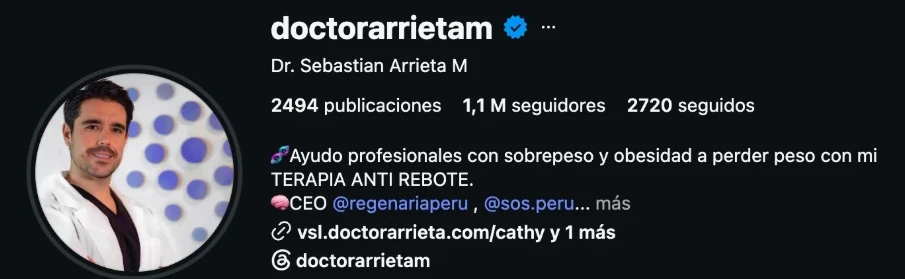 Perfil de Instagram del Dr. Sebastián Arrieta: 1,1 millones de seguidores